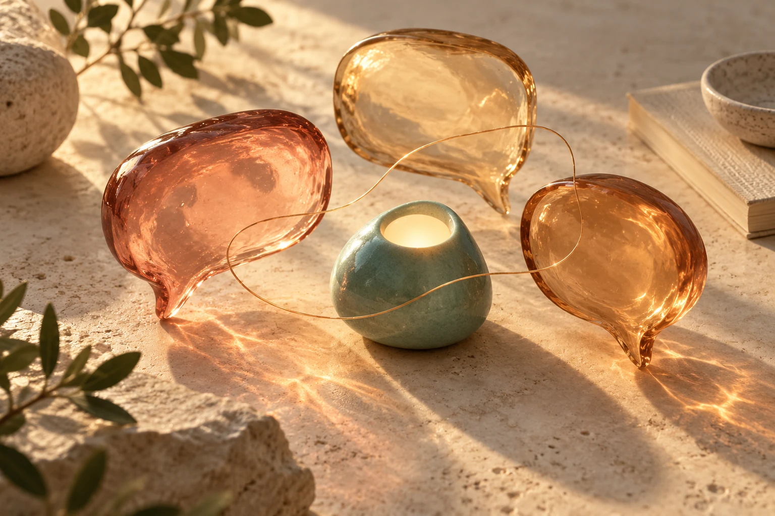 Warm glass conversation shapes gathered around a shared light.